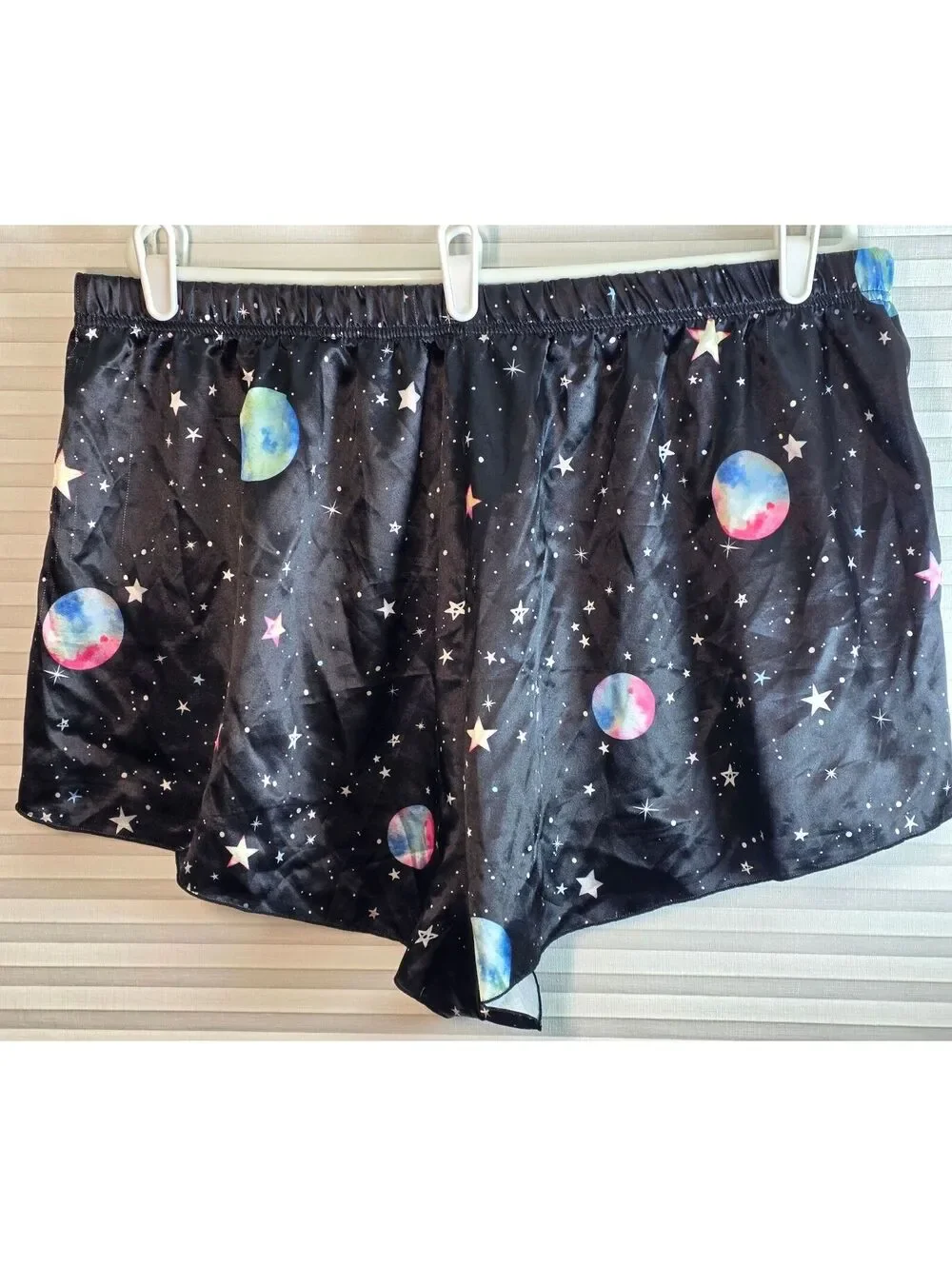 New Black Satiny Celestial Shorts Plus Size 4XL Stars Moon Planets Shiny Space
